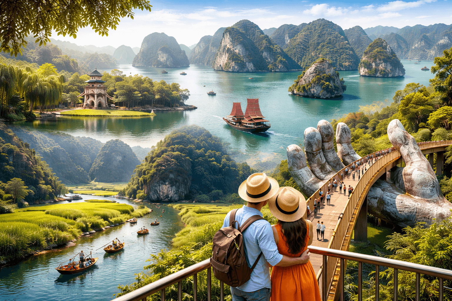 Vietnam Tour Package from India covering Hanoi, Ninh Binh and Da Nang with scenic landscapes, rivers, limestone mountains and the famous Golden Bridge.