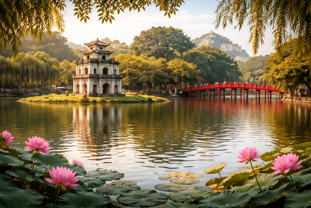Hanoi Hoan Kiem Lake with Turtle Tower and red bridge view in Vietnam Tour Package from India.