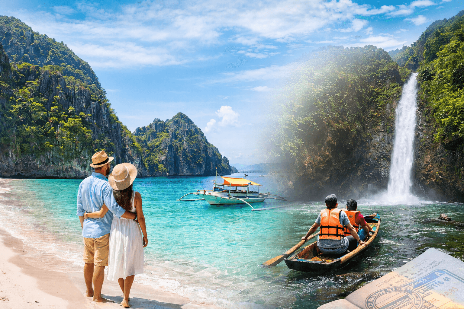 Philippines tour package featuring Boracay Island beach and Pagsanjan Falls adventure with island hopping and nature sightseeing