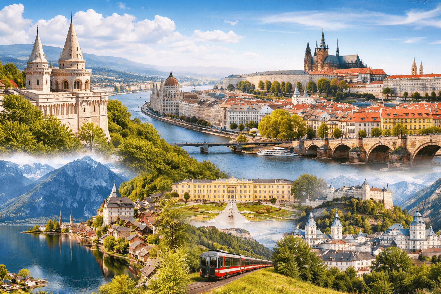 Eastern Europe tour package cover featuring Budapest, Vienna, Prague, Salzburg and Hallstatt landmarks