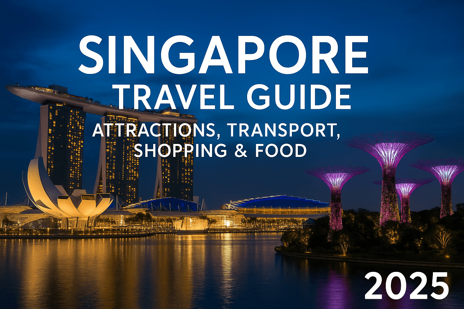 Singapore skyline featuring Marina Bay Sands and Supertree Grove at night, used as the cover image for a Singapore Travel Guide 2025.