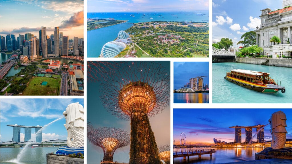 Top attractions in Singapore including Marina Bay Sands, Gardens by the Bay, Merlion Park and Sentosa Island