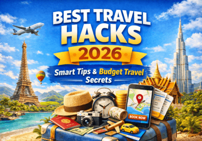 Best travel hacks 2026 cover showing Eiffel Tower, Burj Khalifa, plane, suitcase, passport and travel essentials