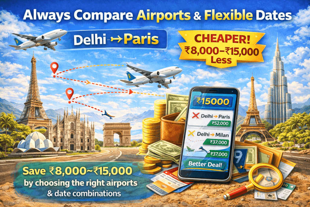 Compare airports and flexible dates travel hack showing Delhi to Paris cheaper flight route and savings up to ₹15,000