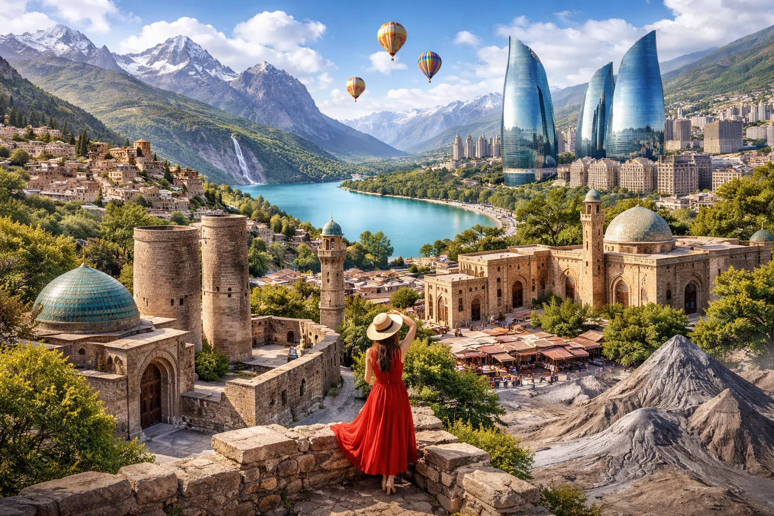 Azerbaijan tour landscape featuring Baku skyline with Flame Towers, Caucasus mountains, historic architecture and scenic lake view.