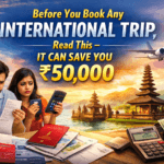 Couple worried about travel expenses while planning an international trip with visa, passport and calculator showing hidden costs