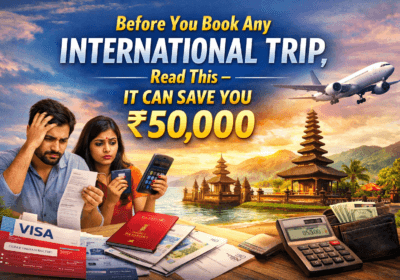 Couple worried about travel expenses while planning an international trip with visa, passport and calculator showing hidden costs