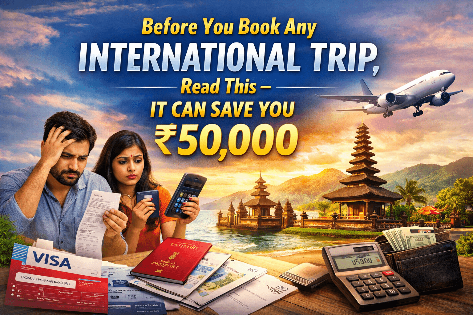 Couple worried about travel expenses while planning an international trip with visa, passport and calculator showing hidden costs