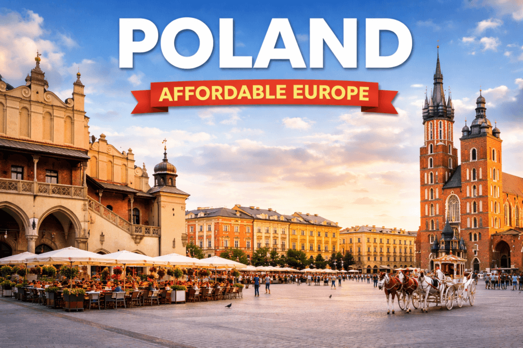Krakow Market Square in Poland with St. Mary’s Basilica and Cloth Hall – one of the cheapest European countries to visit from India