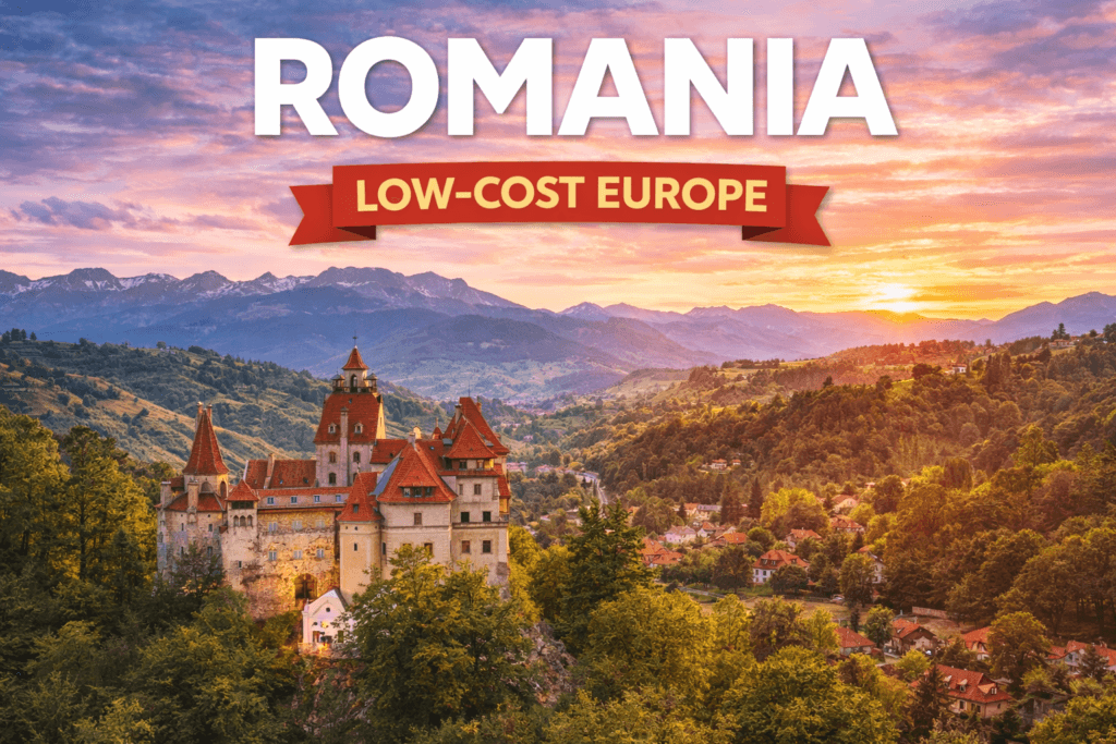 Bran Castle in Romania with Carpathian Mountains – one of the cheapest European countries to visit from India