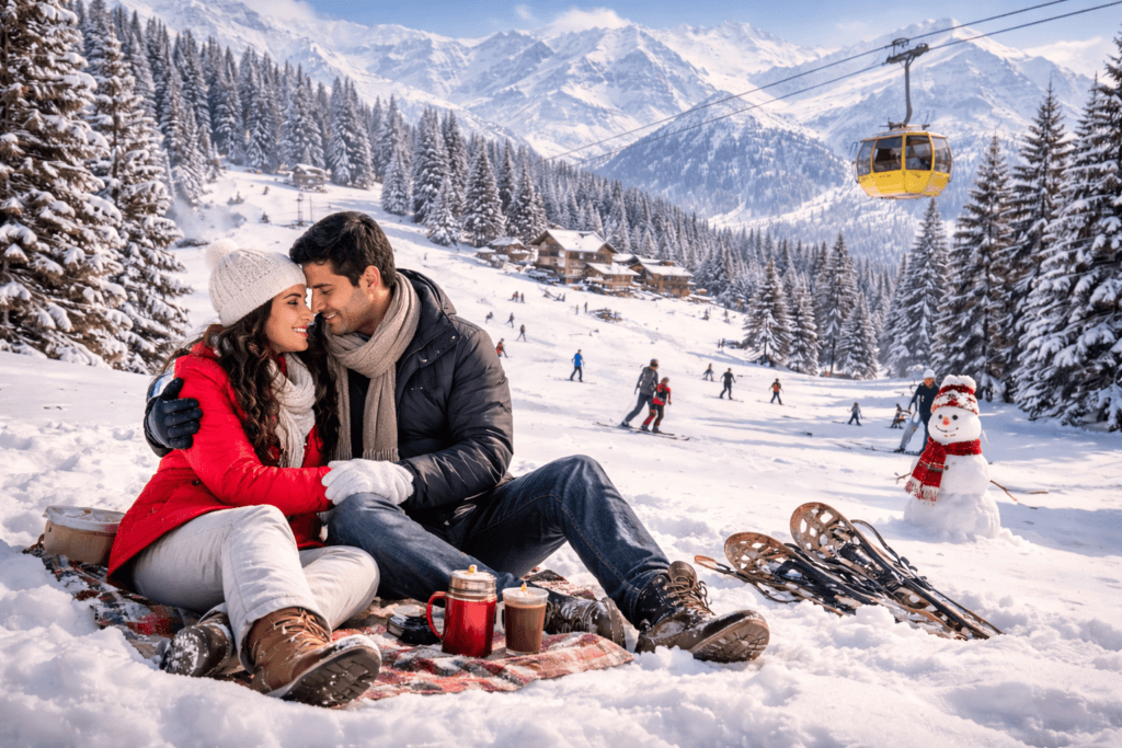Couple enjoying romantic snow experience in Gulmarg with ski slopes, pine trees and Gulmarg Gondola in the background
