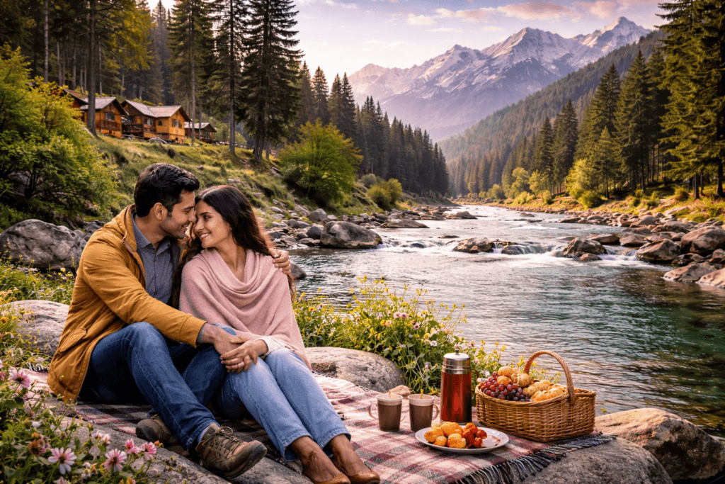 Couple enjoying peaceful riverside view in Pahalgam valley with green meadows and Himalayan mountains in Kashmir.