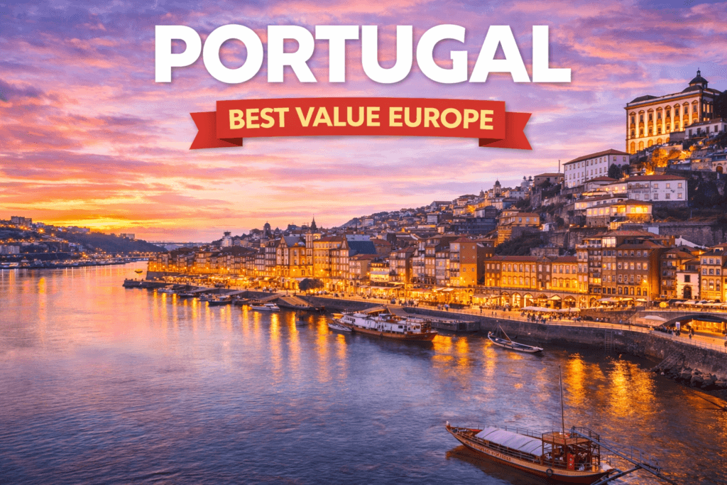 Beautiful view of Lisbon Portugal coastline with colorful buildings and Atlantic Ocean under blue sky