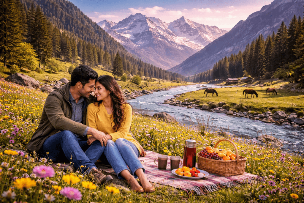 Couple enjoying picnic in Sonamarg meadow with river, wildflowers, grazing horses, and snow-capped Himalayan mountains in Kashmir.