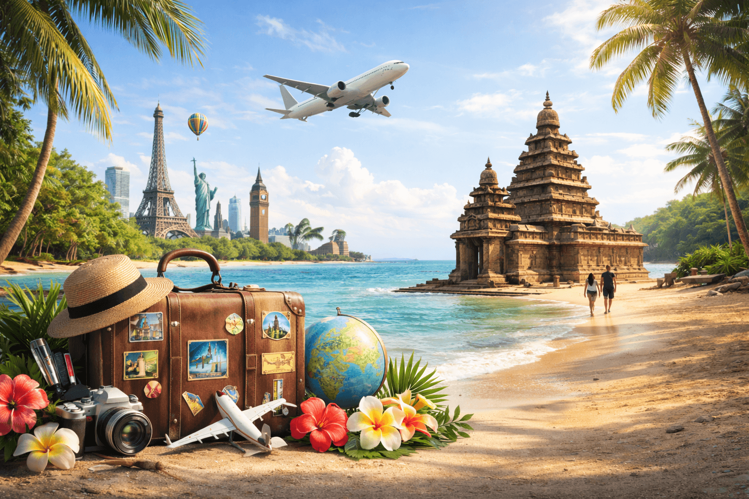 Realistic beach travel scene with airplane, temple by the sea and travel elements representing international and domestic tour services by Spark Holidays