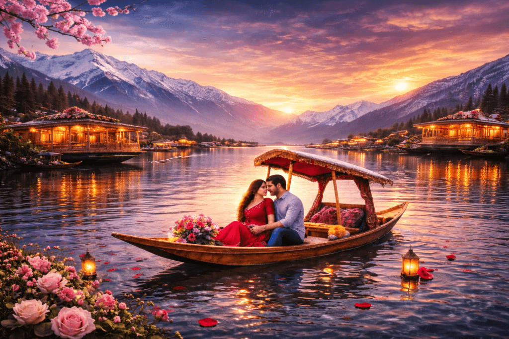Couple enjoying romantic shikara ride on Dal Lake in Srinagar during sunset with houseboats and snow-covered mountains in background