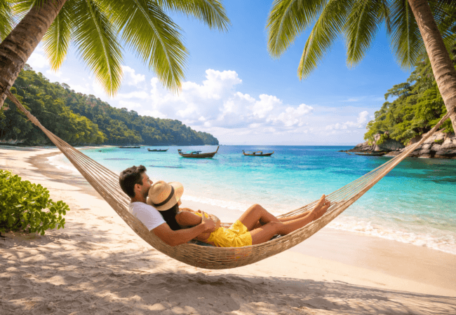 Couple relaxing in hammock at tropical beach in Andaman Islands during Andaman Tour Package 5 Nights 6 Days