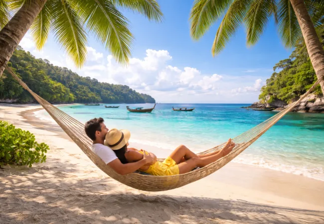 Couple relaxing in hammock at tropical beach in Andaman Islands during Andaman Tour Package 5 Nights 6 Days