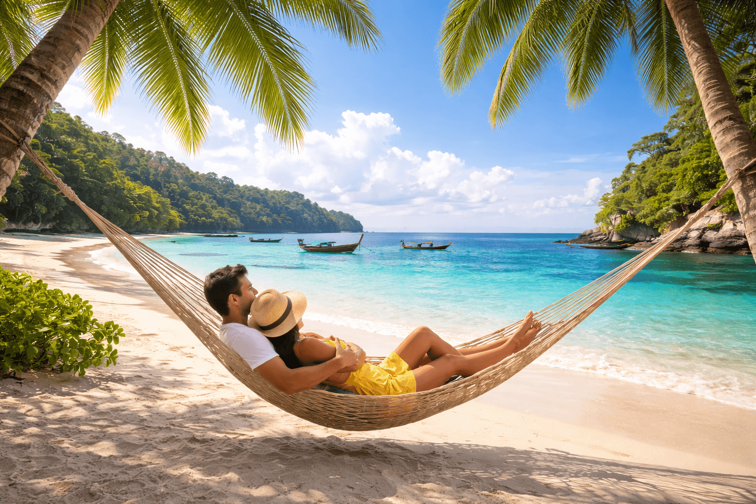 Couple relaxing in hammock at tropical beach in Andaman Islands during Andaman Tour Package 5 Nights 6 Days
