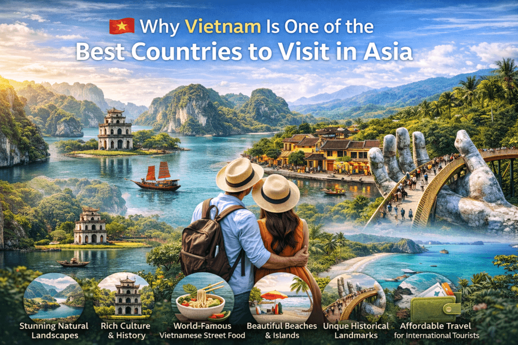 Best places to visit in Vietnam showing beautiful landscapes, beaches, cultural landmarks and famous tourist destinations in Asia.