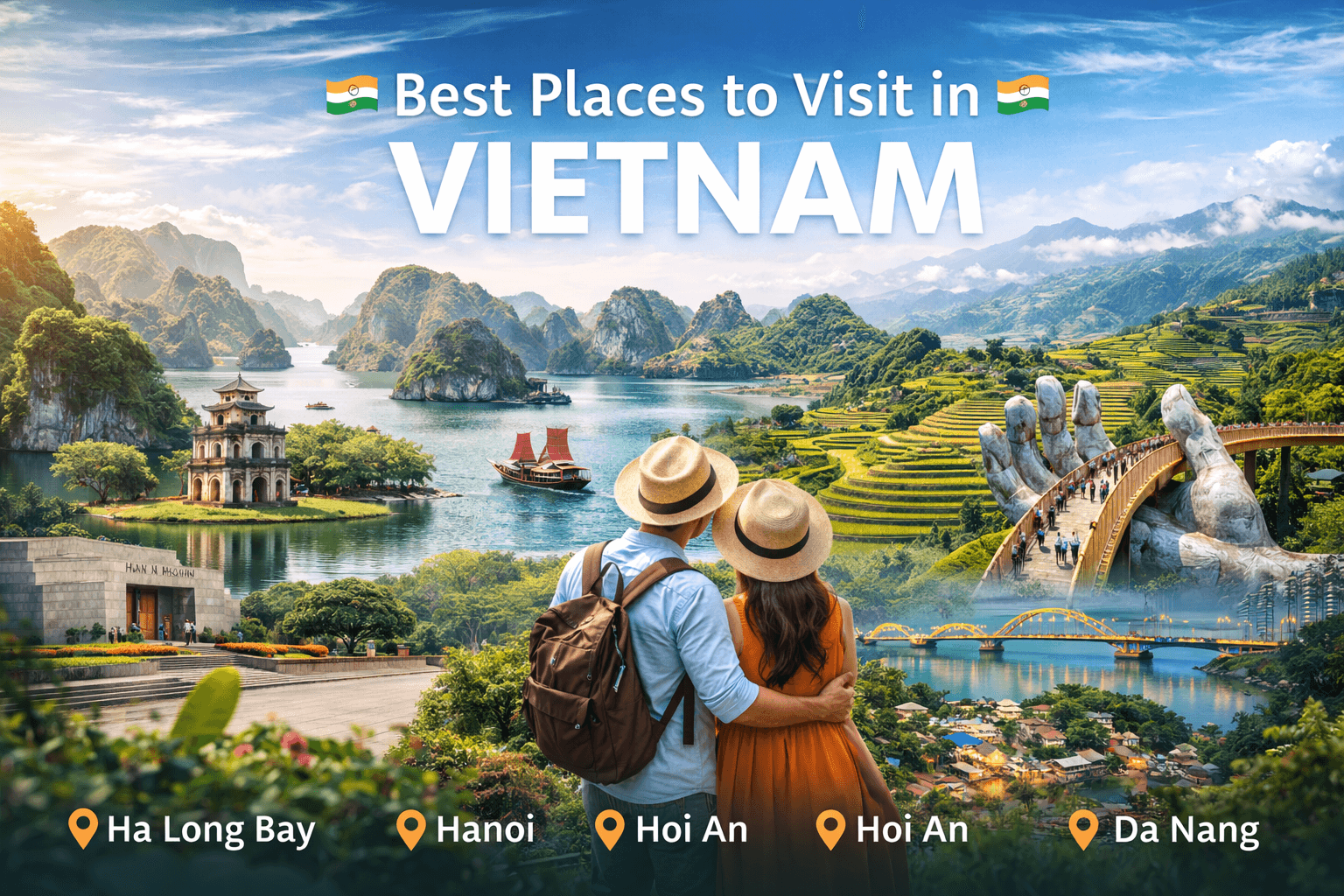 Best places to visit in Vietnam including Ha Long Bay, Hanoi, Da Nang, Hoi An and beautiful landscapes.