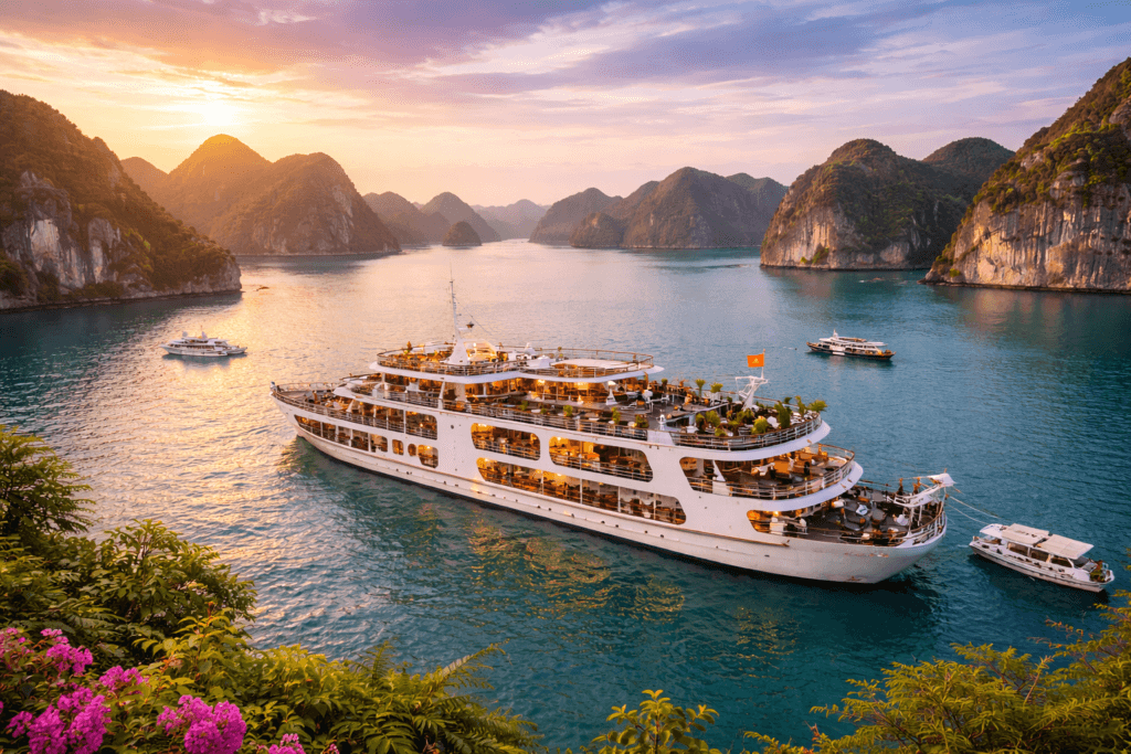 Halong Bay cruise in Vietnam with limestone islands and luxury boat during sunset