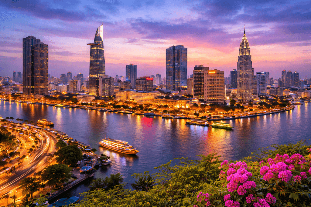 Ho Chi Minh City skyline in Vietnam with Saigon River and modern skyscrapers at sunset