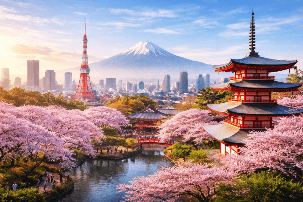 Japan top trending destination in 2026 with Mount Fuji cherry blossoms and Tokyo skyline