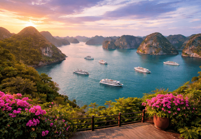 Vietnam tour package scenic view of Halong Bay cruise with limestone islands and luxury boats in Vietnam