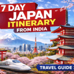 7 day Japan itinerary from India showing Mount Fuji, Tokyo city skyline, and Kyoto temple in Japan travel guide 2026