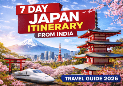 7 day Japan itinerary from India showing Mount Fuji, Tokyo city skyline, and Kyoto temple in Japan travel guide 2026