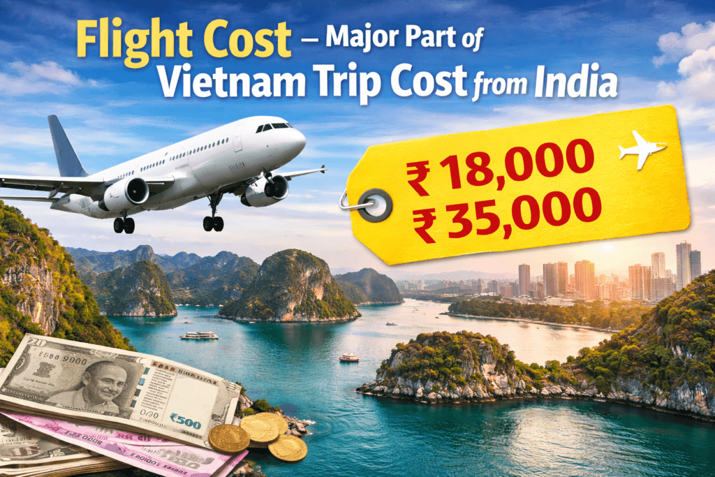 Flight cost Vietnam Trip Cost from India showing airfare price ₹18000 to ₹35000 with airplane and Vietnam travel background