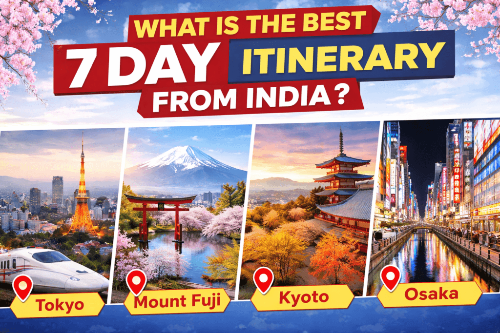 japan itinerary 7 days travel plan showing Tokyo Mount Fuji Kyoto and Osaka route for Indian travelers