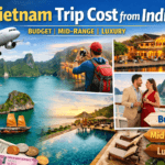 Vietnam Trip Cost from India showing budget, mid-range and luxury travel breakdown with Ha Long Bay and Vietnam travel visuals
