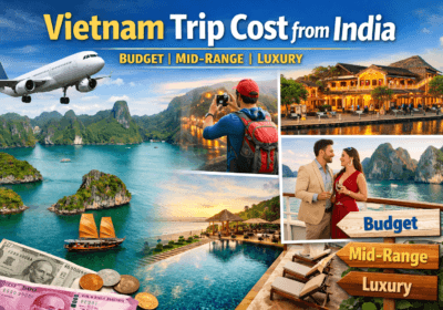Vietnam Trip Cost from India showing budget, mid-range and luxury travel breakdown with Ha Long Bay and Vietnam travel visuals