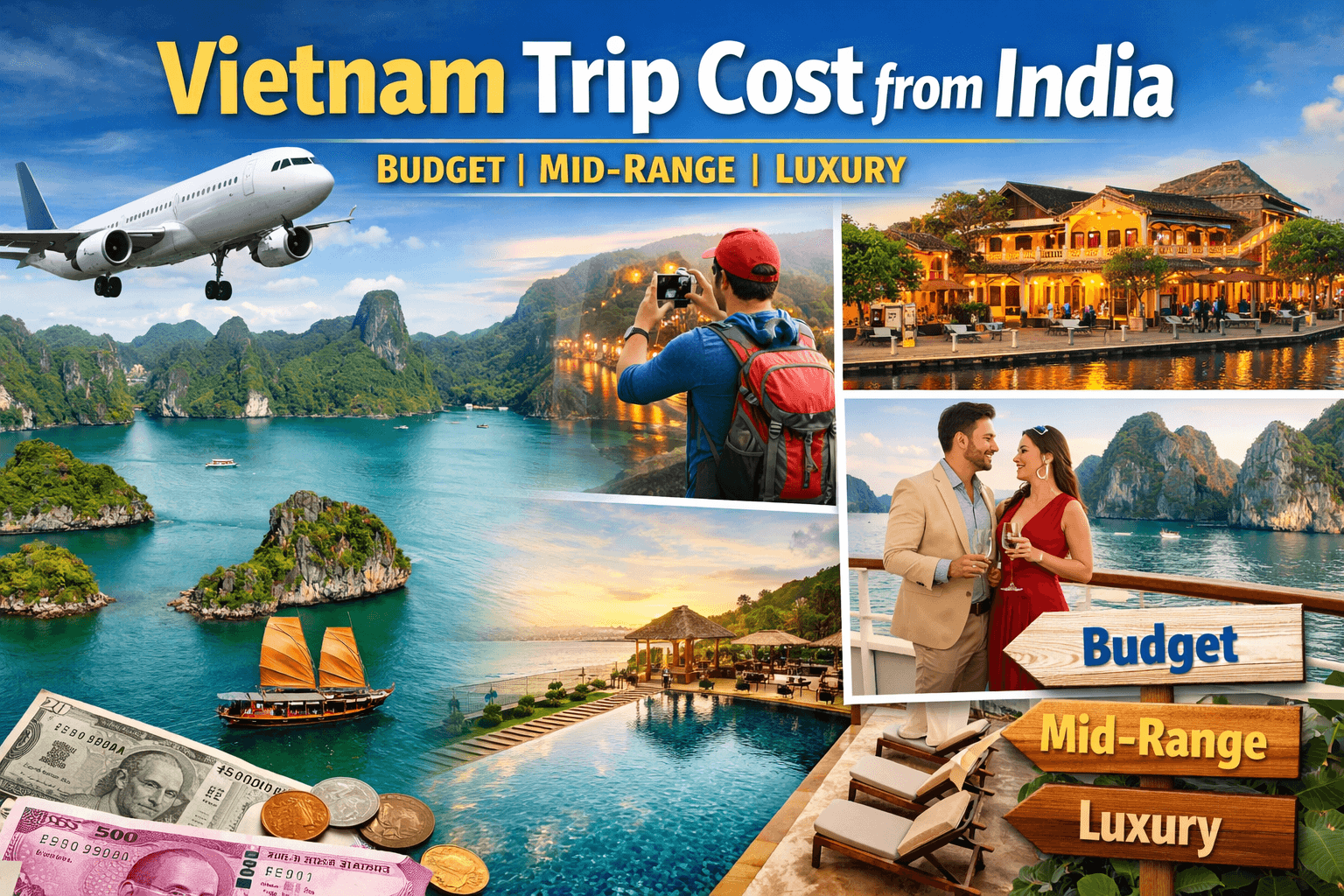 Vietnam Trip Cost from India showing budget, mid-range and luxury travel breakdown with Ha Long Bay and Vietnam travel visuals