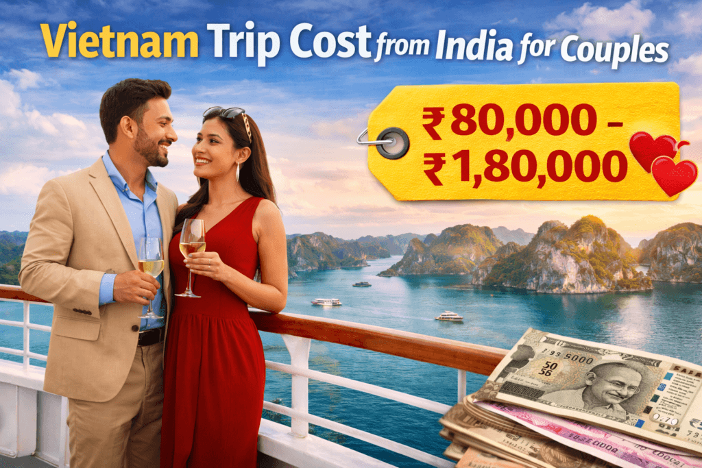 Vietnam Trip Cost from India for couples showing romantic cruise in Ha Long Bay with price range ₹80000 to ₹180000