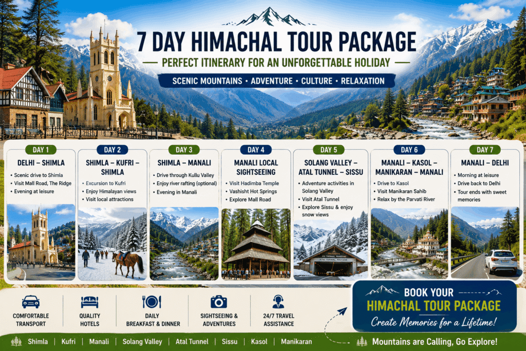 Tourists enjoying adventure activities in Solang Valley, Himachal Pradesh, including paragliding, skiing, ATV rides, ziplining, and snow-covered Himalayan mountains during a Himachal Tour Package.