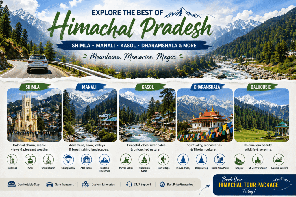 Travel guide illustration showcasing the best places to visit in Himachal Pradesh, including Shimla, Manali, Kasol, Dharamshala, snow-capped Himalayan mountains, pine forests, rivers, and scenic landscapes.