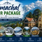 Himachal Tour Package featuring the scenic beauty of Shimla, Manali, Kasol, and Dharamshala with snow-capped Himalayan mountains, rivers, churches, and popular tourist attractions.