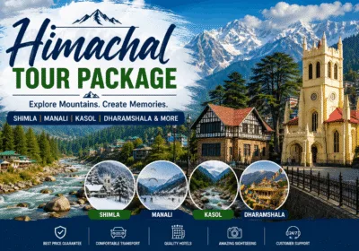 Himachal Tour Package featuring the scenic beauty of Shimla, Manali, Kasol, and Dharamshala with snow-capped Himalayan mountains, rivers, churches, and popular tourist attractions.