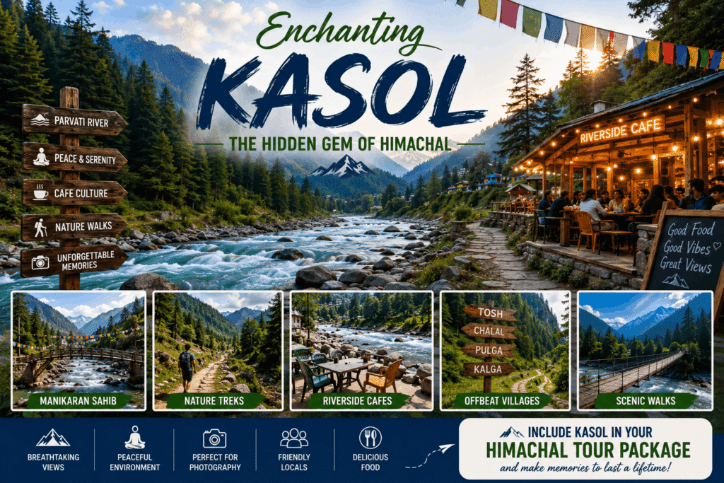 Scenic view of Kasol in Himachal Pradesh featuring the Parvati River, riverside cafés, pine forests, snow-capped Himalayan mountains, and nearby attractions like Manikaran Sahib during a Himachal Tour Package.