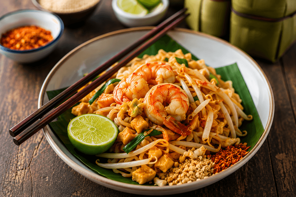 Authentic Thai Pad Thai served with shrimp, tofu, bean sprouts, crushed peanuts, red chili flakes, and fresh lime on a rustic wooden table, representing Thailand’s affordable and popular street food.