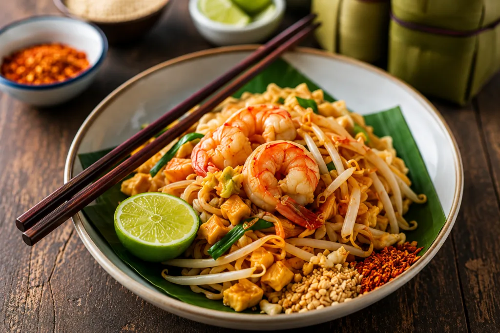 Authentic Thai Pad Thai served with shrimp, tofu, bean sprouts, crushed peanuts, red chili flakes, and fresh lime on a rustic wooden table, representing Thailand’s affordable and popular street food.