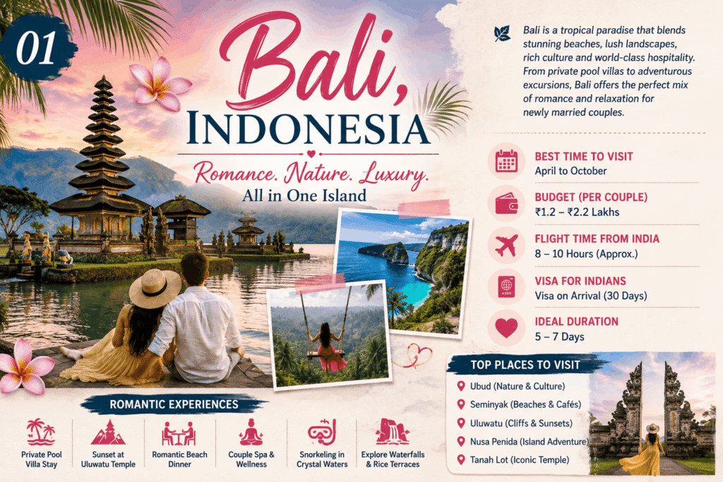 Romantic honeymoon couple enjoying a luxury infinity pool overlooking lush rice terraces and tropical scenery in Bali, Indonesia.