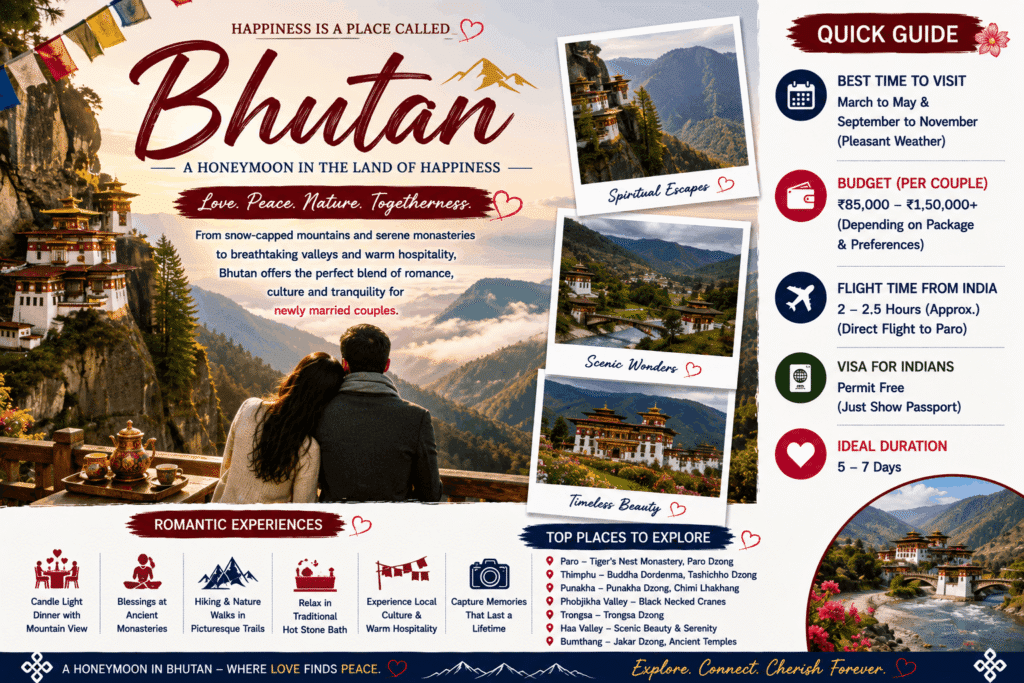 Romantic couple overlooking Tiger’s Nest Monastery and the Himalayan mountains in Bhutan during their peaceful honeymoon.