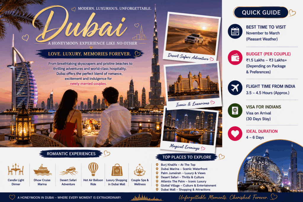 Romantic couple enjoying a luxury waterfront dinner with the Burj Khalifa and Dubai skyline at sunset during their honeymoon in Dubai.