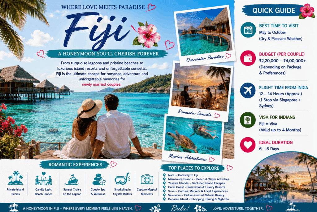 Romantic couple relaxing at an overwater villa overlooking crystal-clear turquoise lagoons in Fiji during their luxury honeymoon.