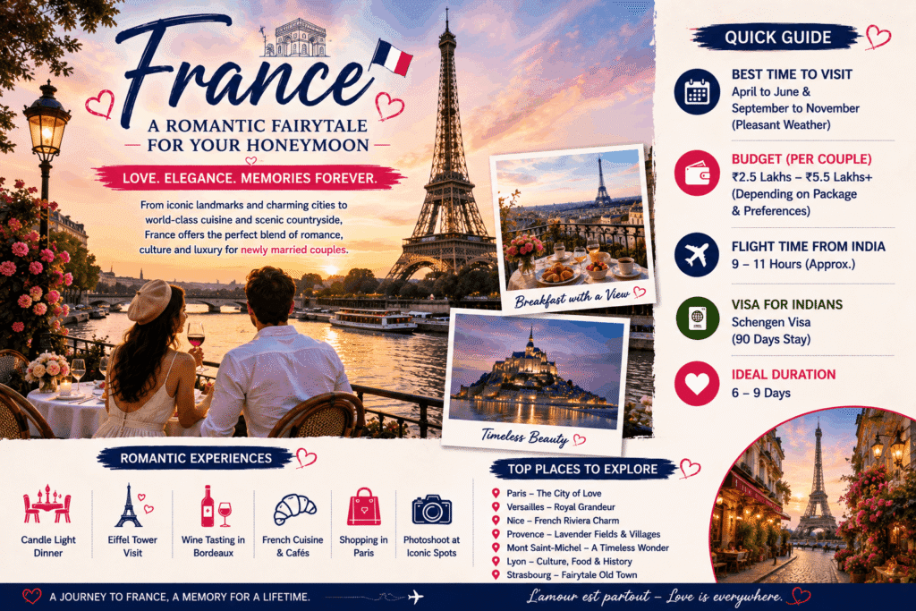 Romantic couple enjoying a sunset dinner with the Eiffel Tower in Paris, France, during their luxury honeymoon surrounded by iconic landmarks and elegant city views.