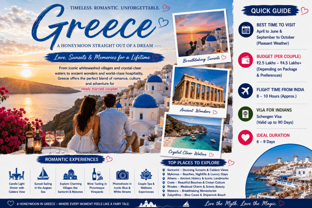 Romantic couple watching the sunset in Santorini, Greece, with iconic blue-domed churches, whitewashed buildings, and panoramic views of the Aegean Sea.